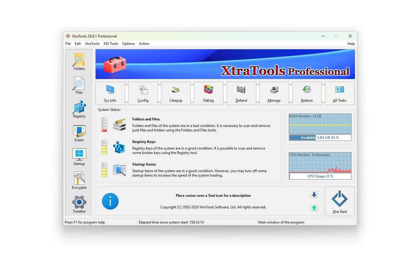 Windows desktop screenshot of XtraTools Professional system optimization and management software interface