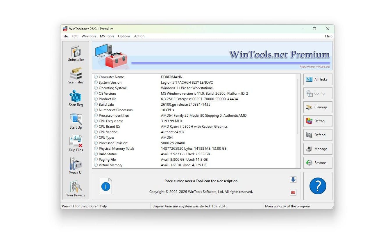 WinTools.net Premium Windows utility software interface with system info and tool menu