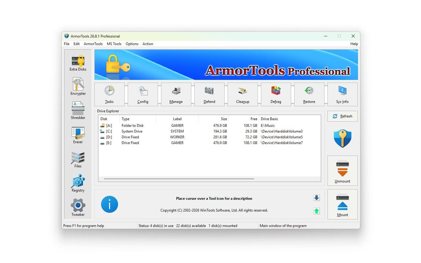 Windows utility software interface titled ArmorTools Professional with disk management and tool icons