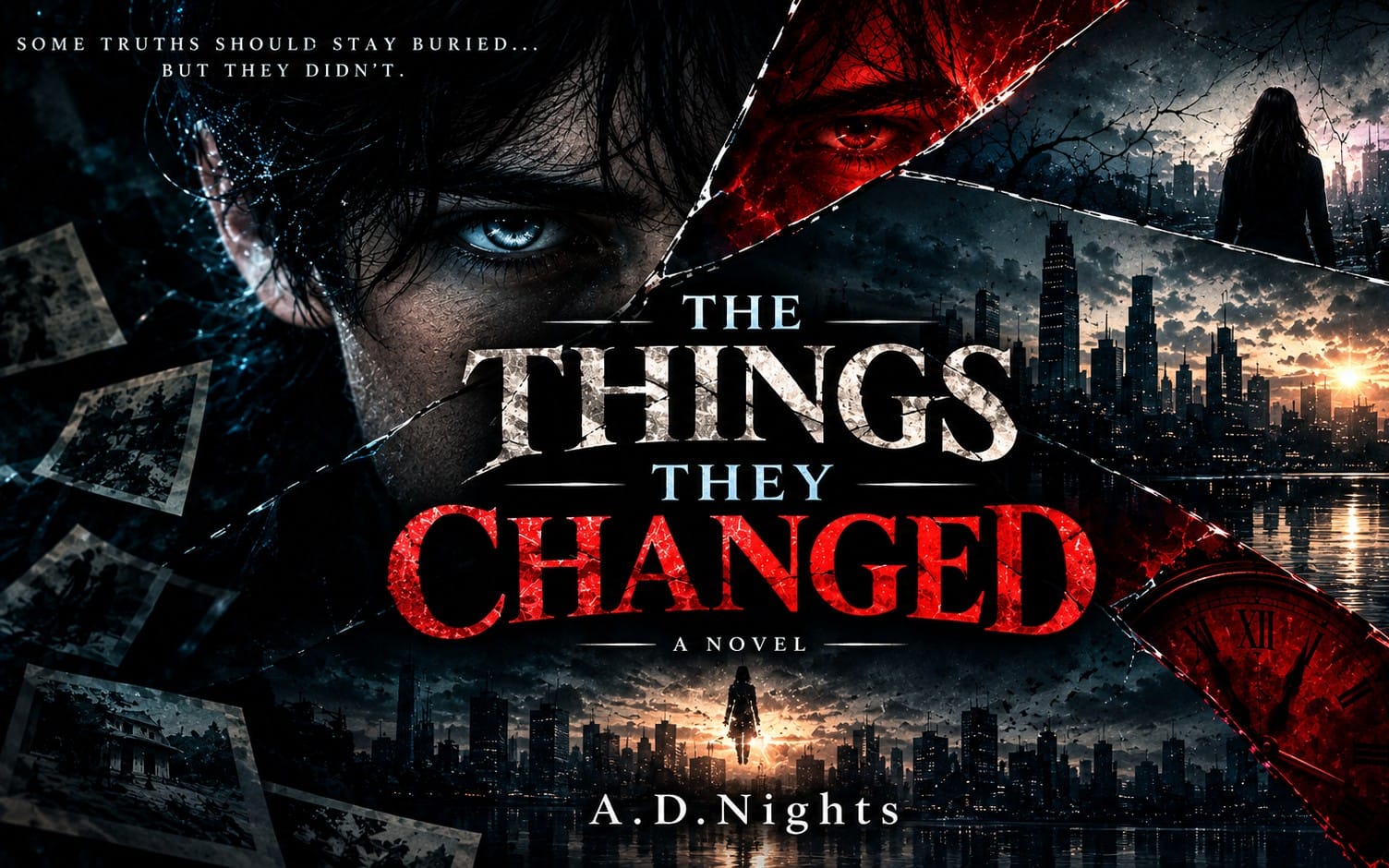 Book cover for The Things They Changed Act I: The Shape of An Ordinary Death with a hooded face and city skyline graphic