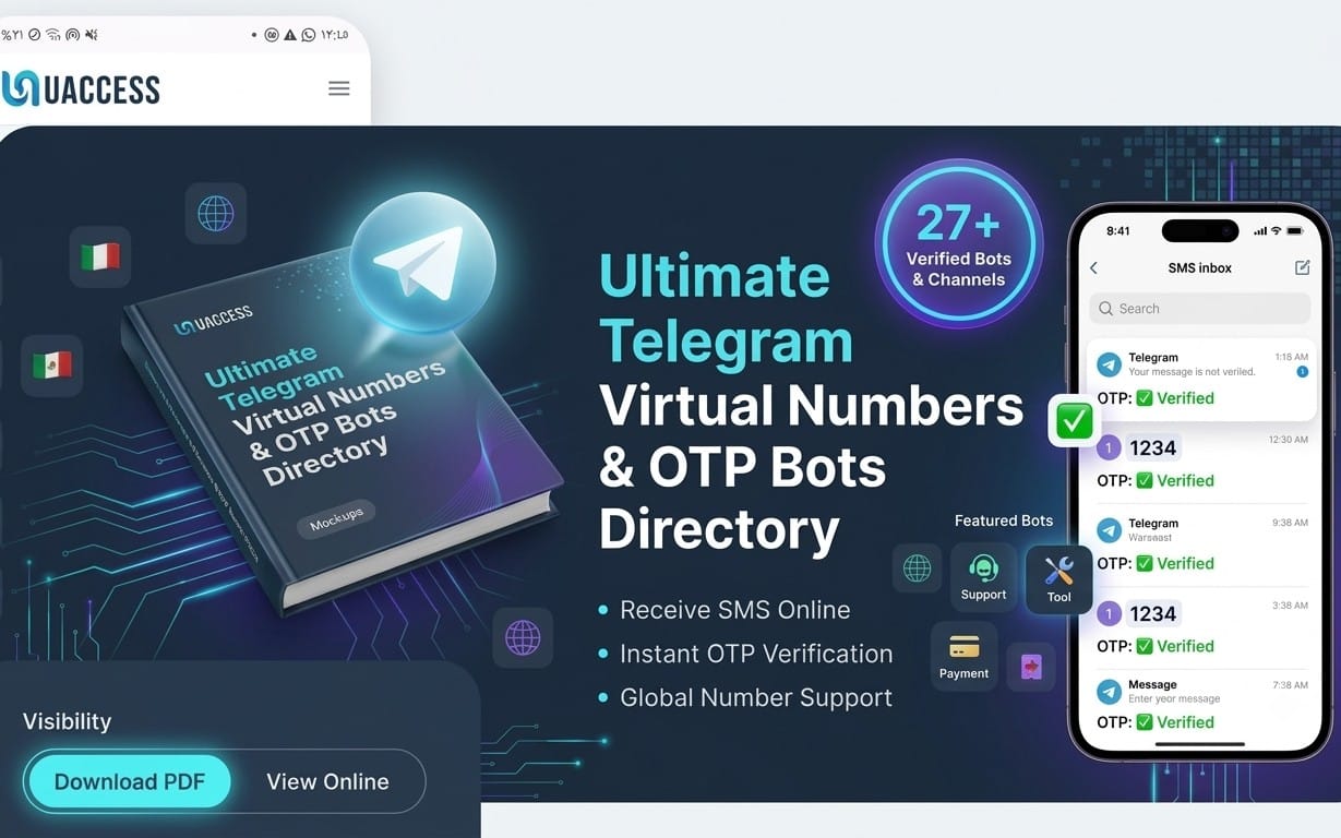 غلاف دليل أرقام تيليجرام افتراضية وروبوتات OTP مع واجهة هاتف تعرض صندوق رسائل SMS ومرات تحقق