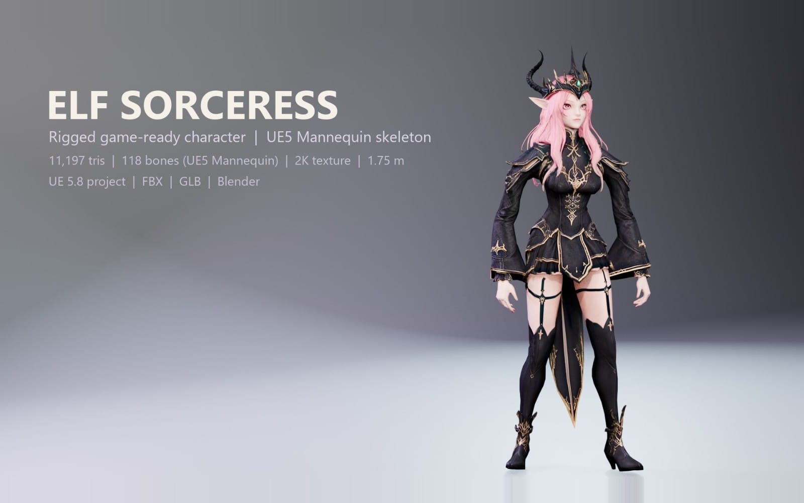Rigged elf sorceress 3D character in fantasy armor, full-body model for UE5 mannequin with posed stance