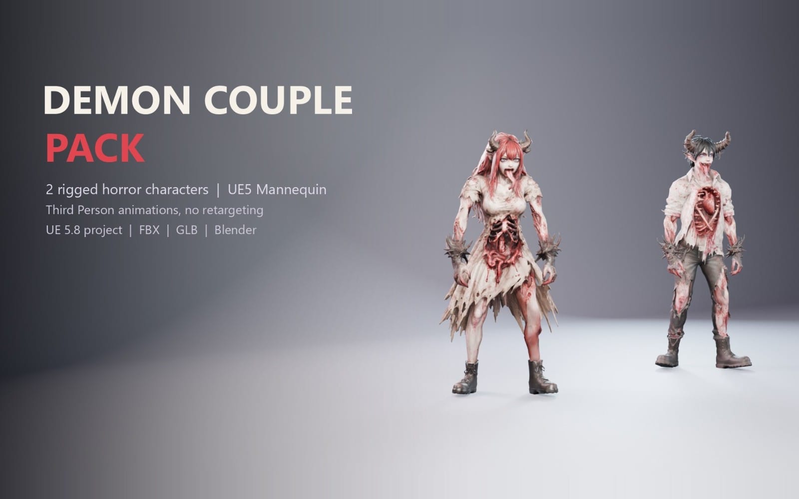 Two rigged horror demon characters standing on a gray studio background, Demon Couple Pack for UE5 mannequins