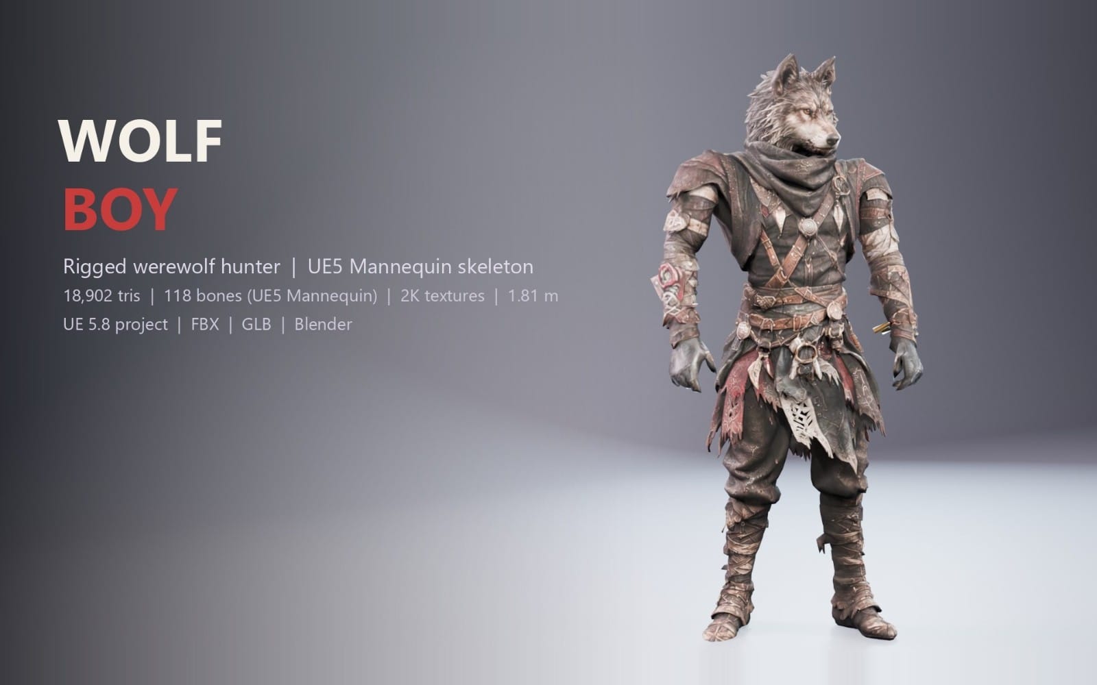 Rigged werewolf hunter character for UE5 mannequin with wolf head and medieval hunter outfit