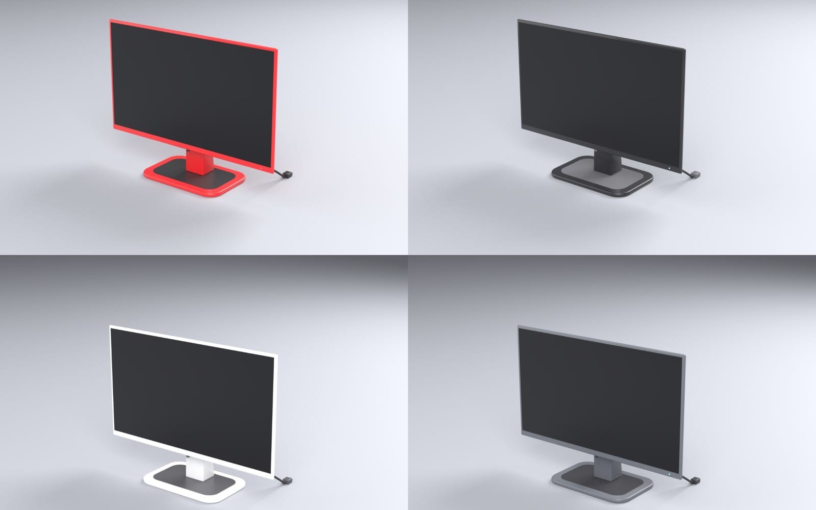 3D model set of a 27-inch gaming monitor with stand in four colors red, black, white, and gray