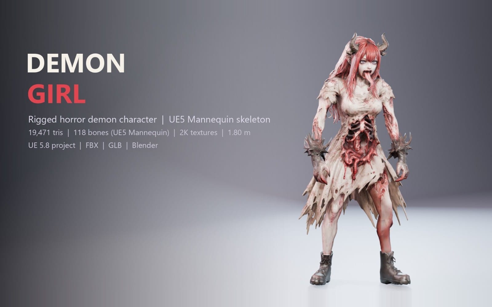 Rigged horror demon girl character with pink hair, fanged mouth, and torn skin on UE5 mannequin skeleton for game use