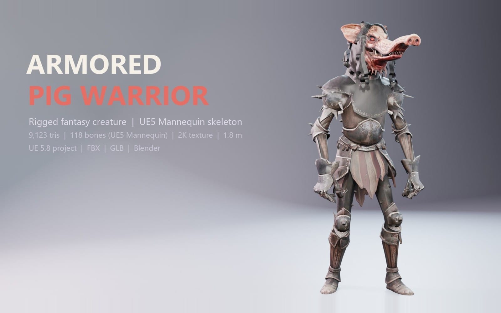 Armored pig fantasy warrior character with rigged skeleton and spiked metal armor, shown full body on neutral background