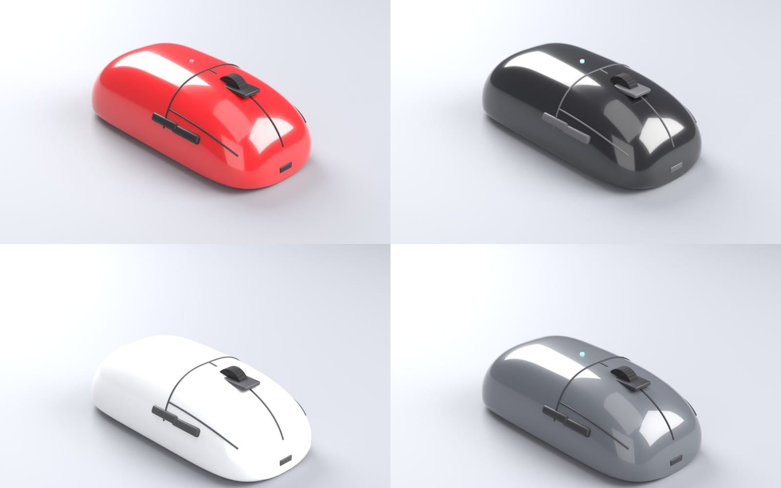 Set of four lightweight wireless gaming mouse 3D models in red, black, white, and gray on a white background