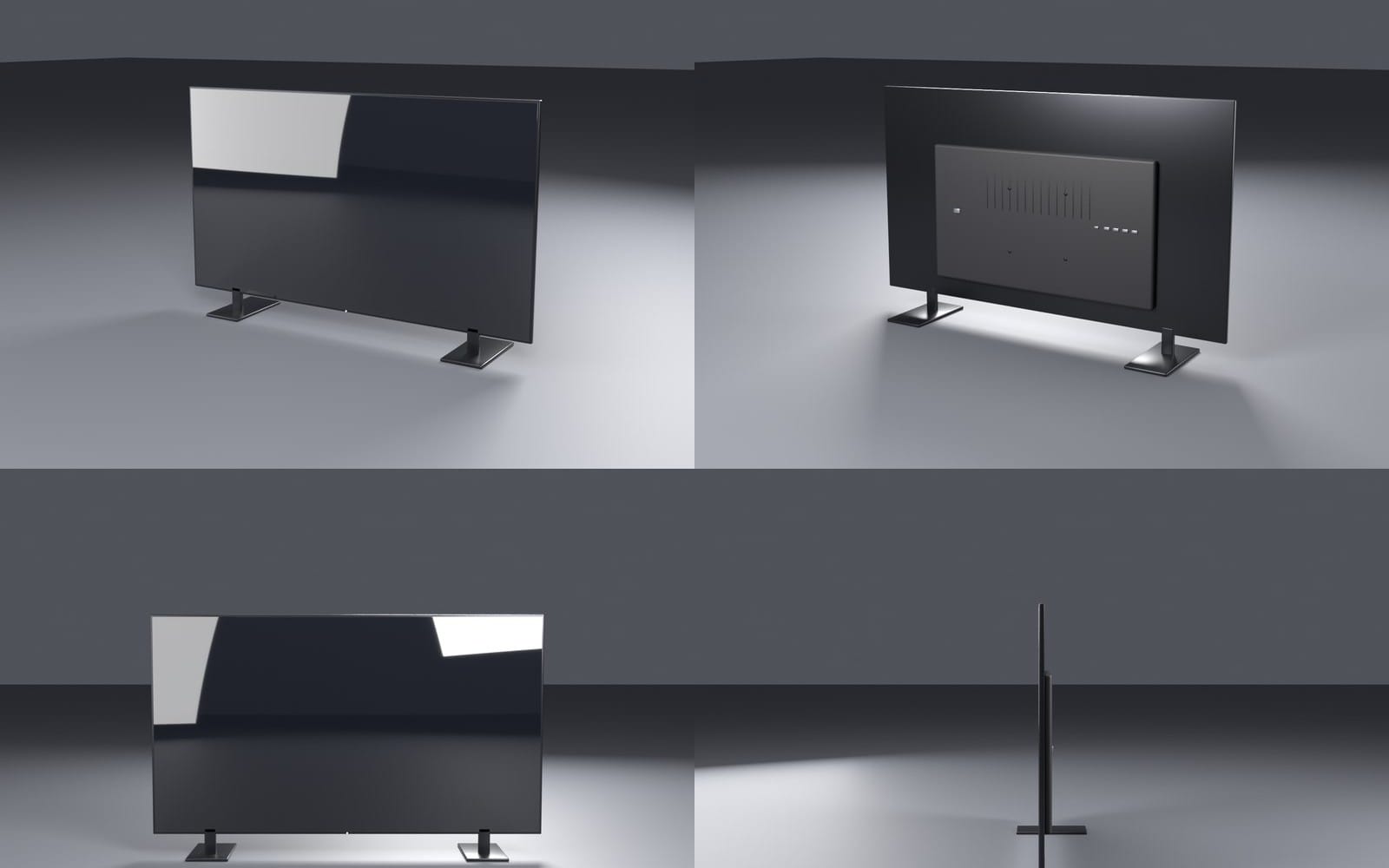 55-inch LED flat screen TV 3D model on a pedestal stand, shown from multiple angles with dark bezel