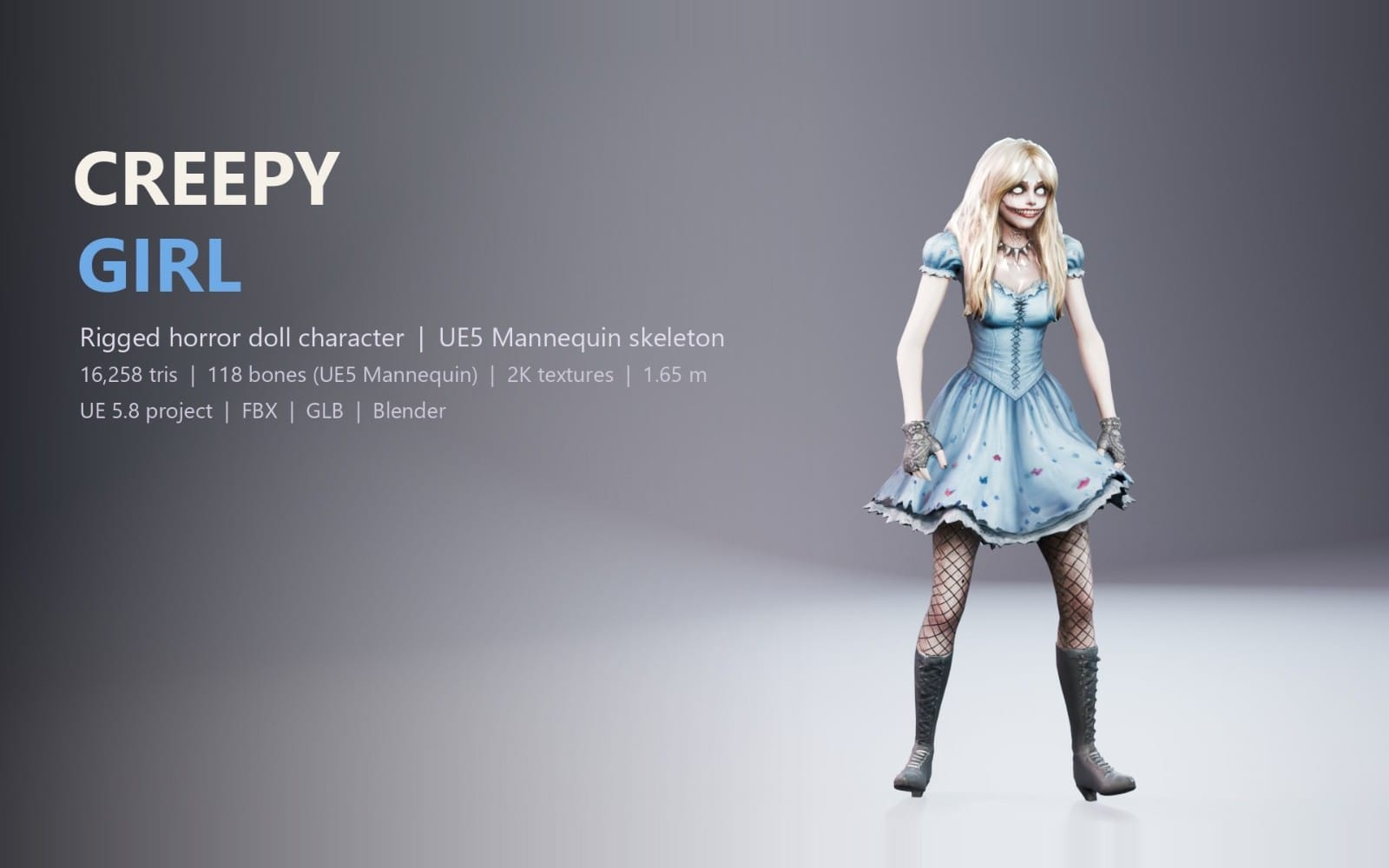 Creepy rigged horror doll girl 3D character standing pose with UE5 mannequin skeleton, blue dress, long blonde hair