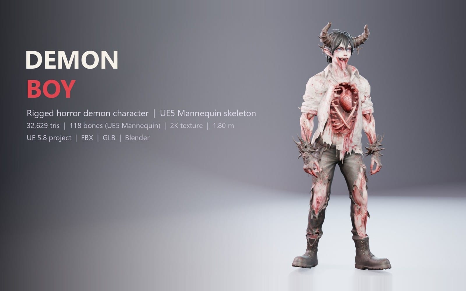 Rigged horror demon boy character standing in a bloodstained outfit for UE5 mannequin, full 3D model render