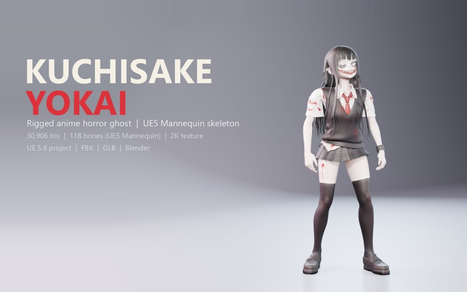 Rigged anime horror ghost character with stitched grin and school outfit, posed full-body on UE5 mannequin skeleton