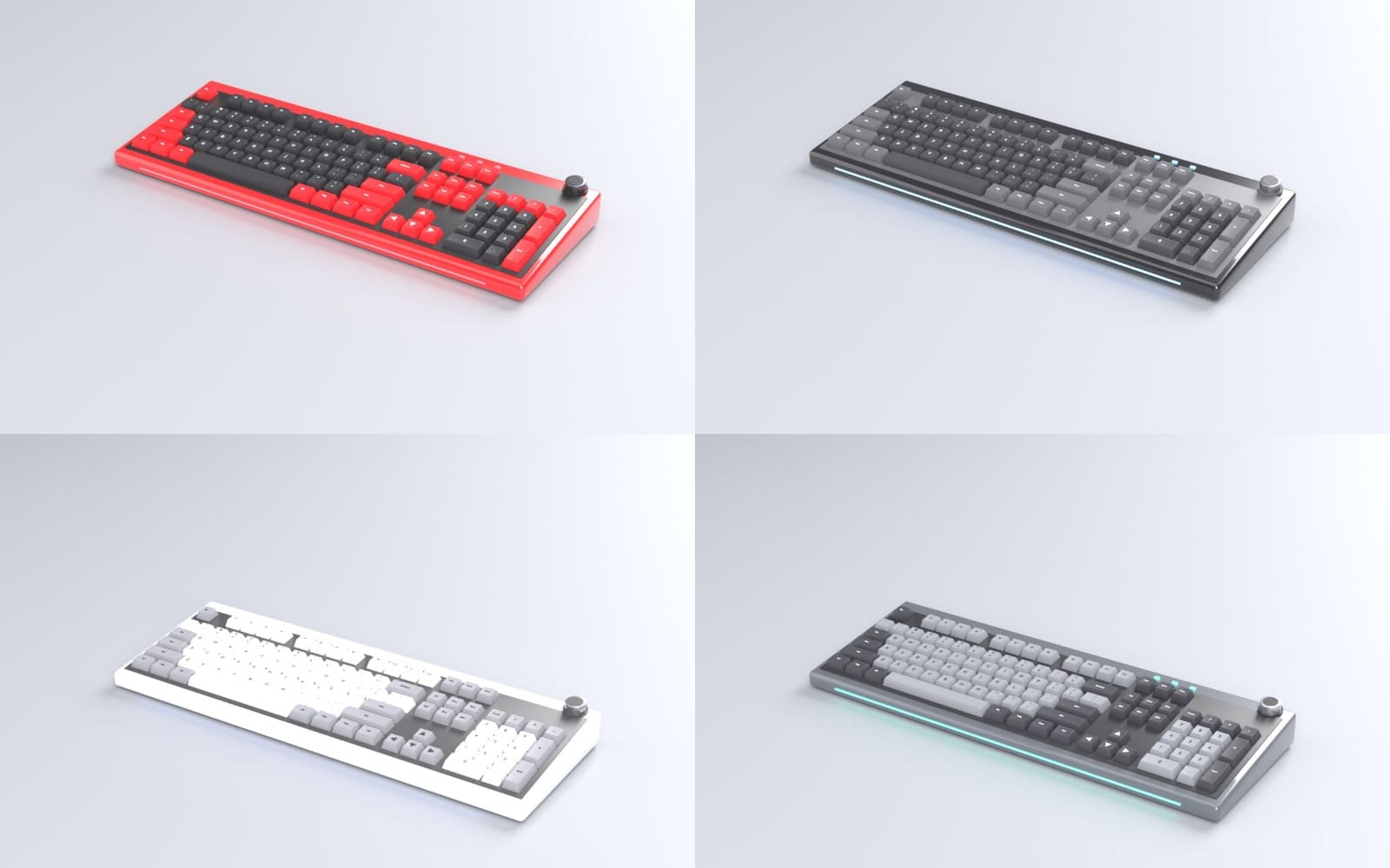 Full-size 104-key 3D keyboard model shown in red, black, white, and gray with RGB lighting and key caps
