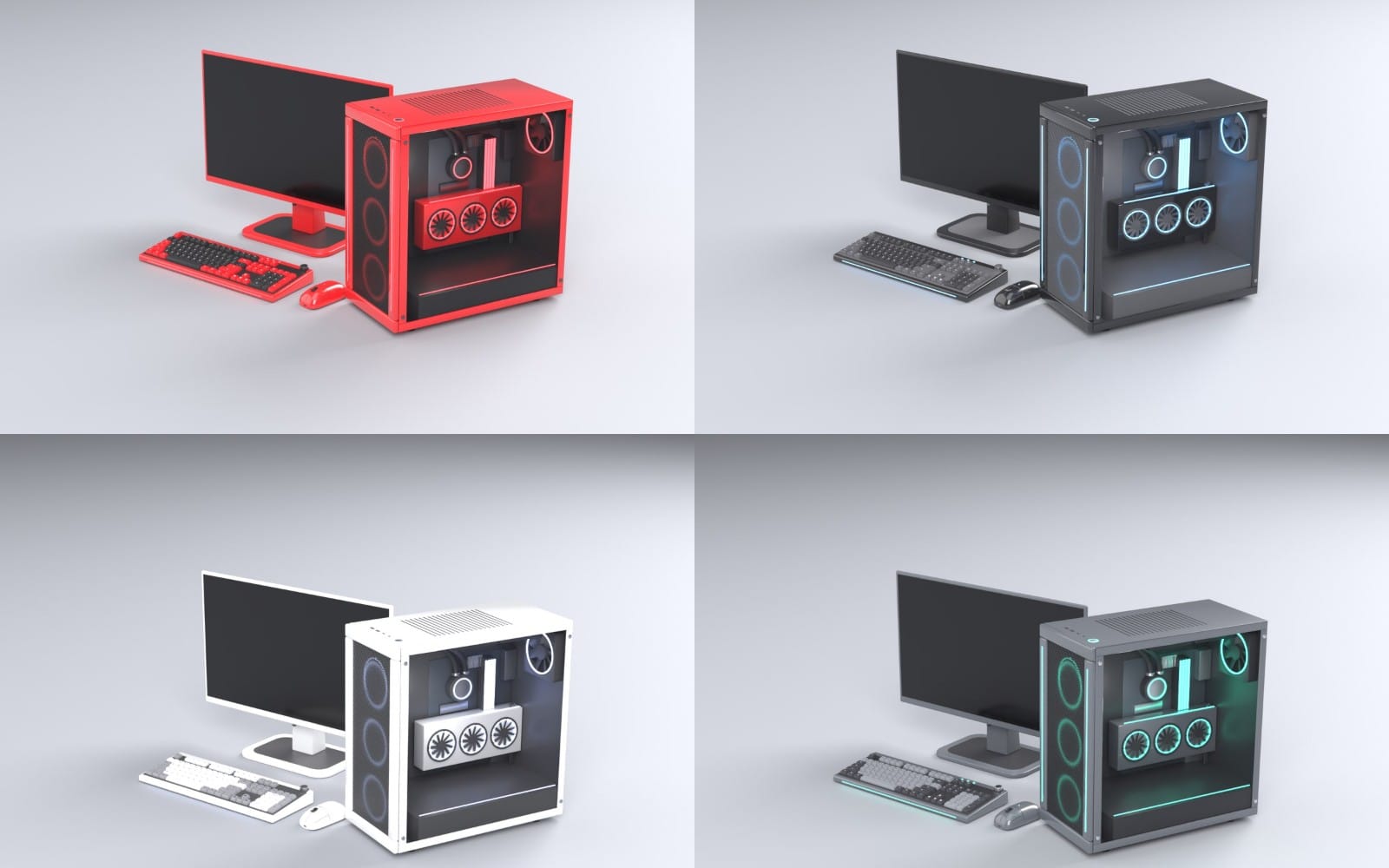 Gaming PC setup 3D model bundle with monitor, tower, keyboard and mouse in four color variants