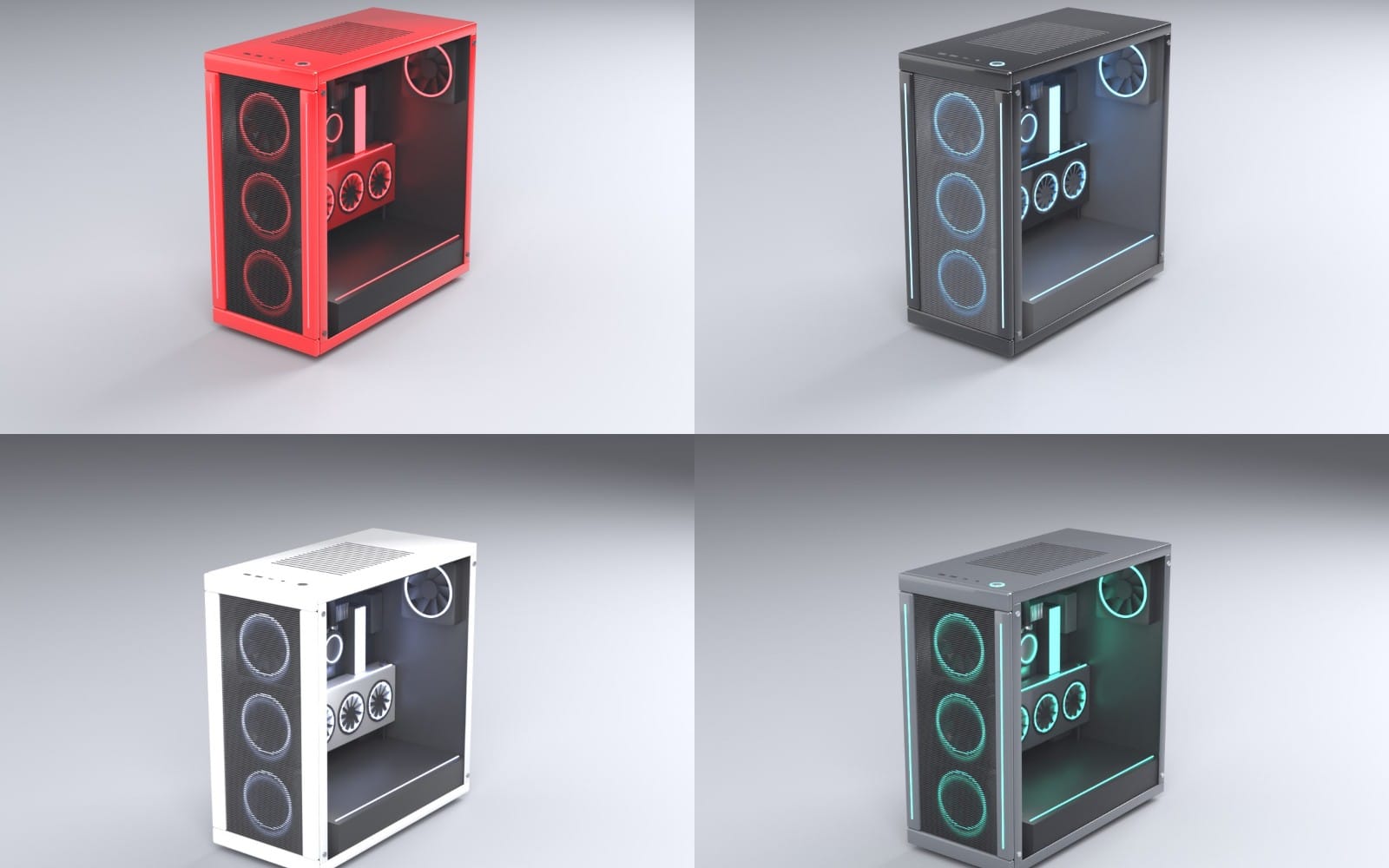 Gaming PC tower 3D model with glass side panel and RGB fans in red, black, white, and gray variants