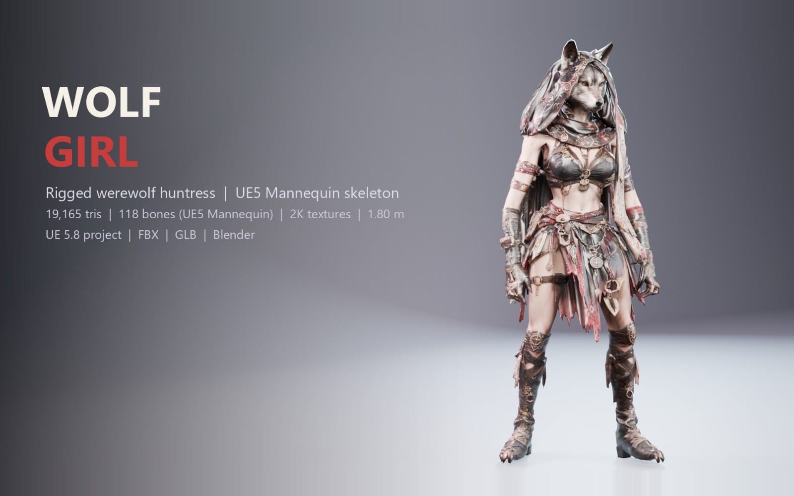 Full-body rigged werewolf huntress character model with fur hood and medieval armor, for UE5 mannequin formats
