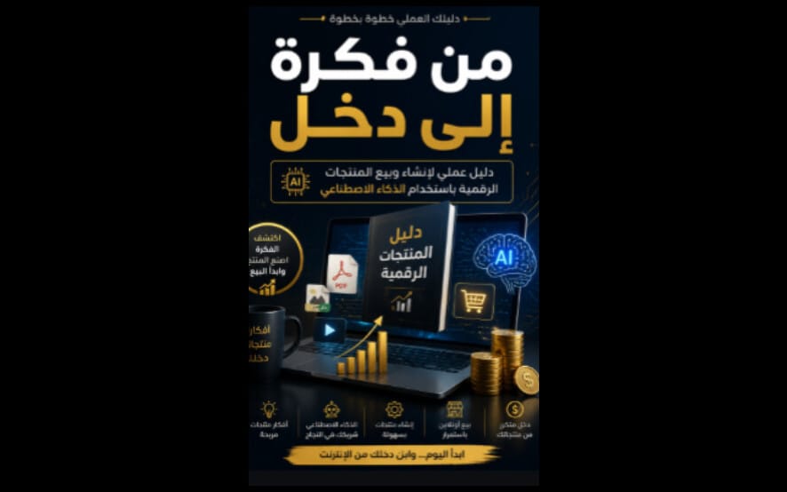 غلاف كتاب رقمي بعنوان من فكرة إلى دخل مع أيقونات ذكاء اصطناعي وأرباح ورسوم مالية على خلفية داكنة