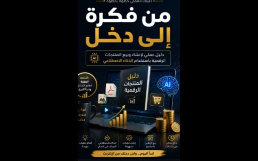 غلاف كتاب رقمي عربي بعنوان من فكرة إلى دخل يعرض رسومات ذكاء اصطناعي وأرباح وعناصر تسويق