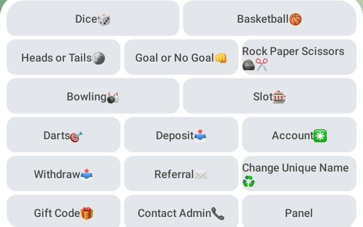 Telegram casino bot dashboard UI with dice, slots, referral, deposit, withdraw, and settings buttons