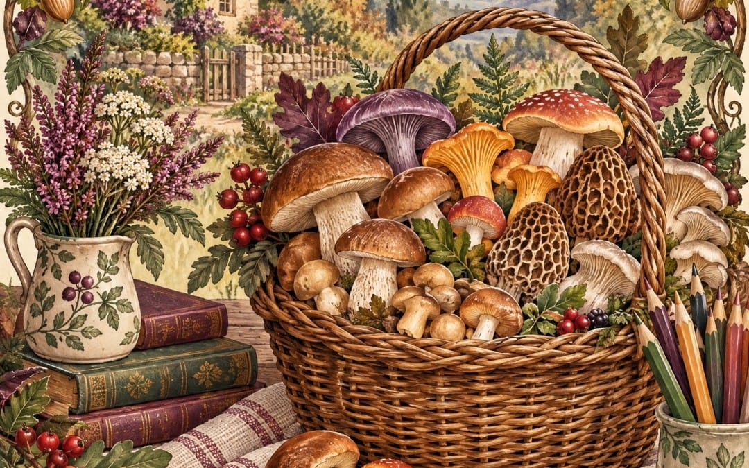 Cozy cottagecore mushroom scene with basket of fungi and wildflowers, covering page from a printable PDF coloring book