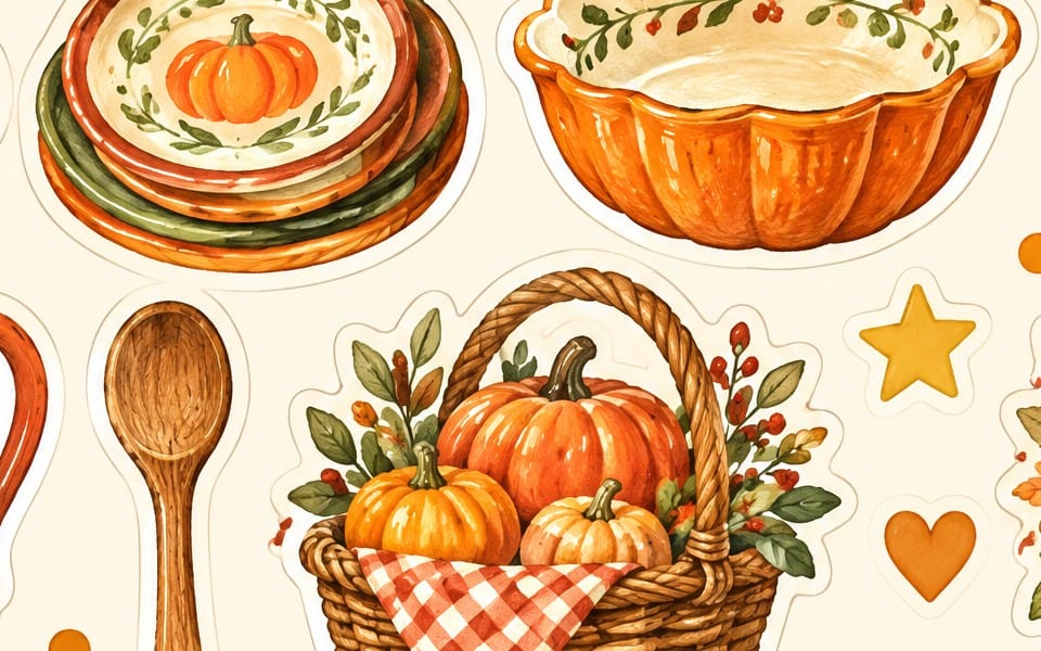 Fall pumpkin-themed sticker pack on a cream background with baskets, leaves, hearts, and stars, for digital PDF printing