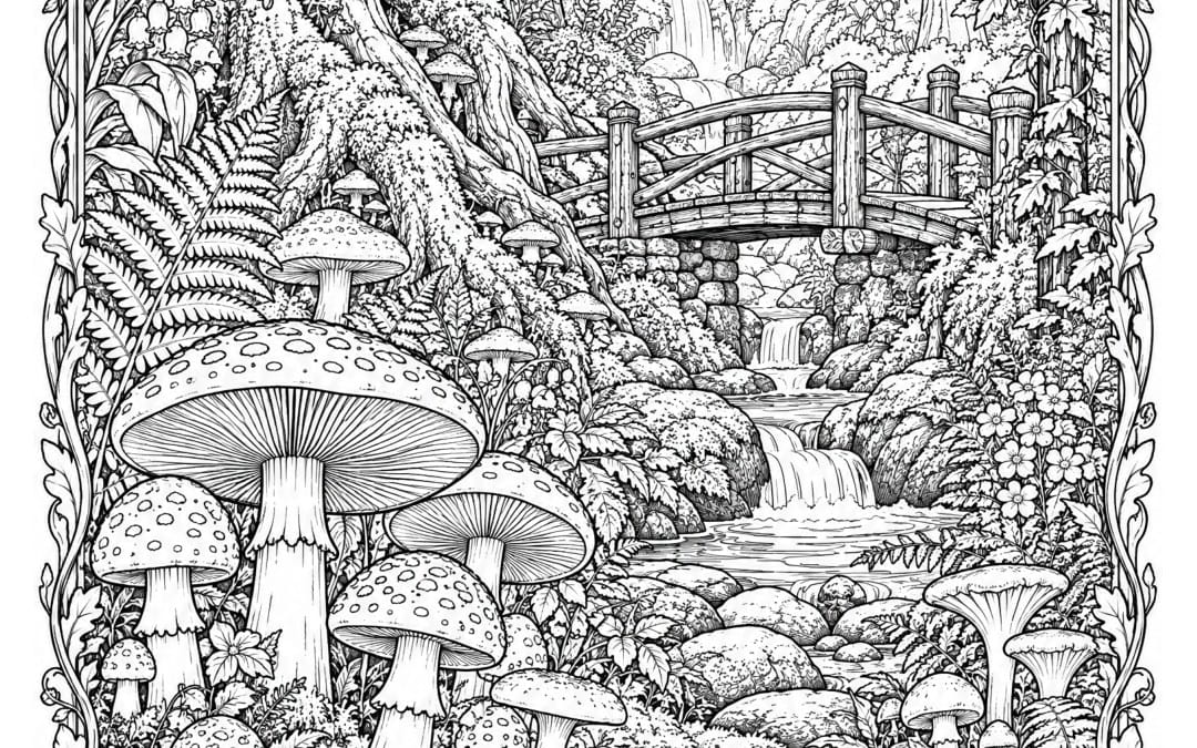 Detailed black and white mushroom forest scene with waterfall and wooden bridge for adult printable coloring page PDF
