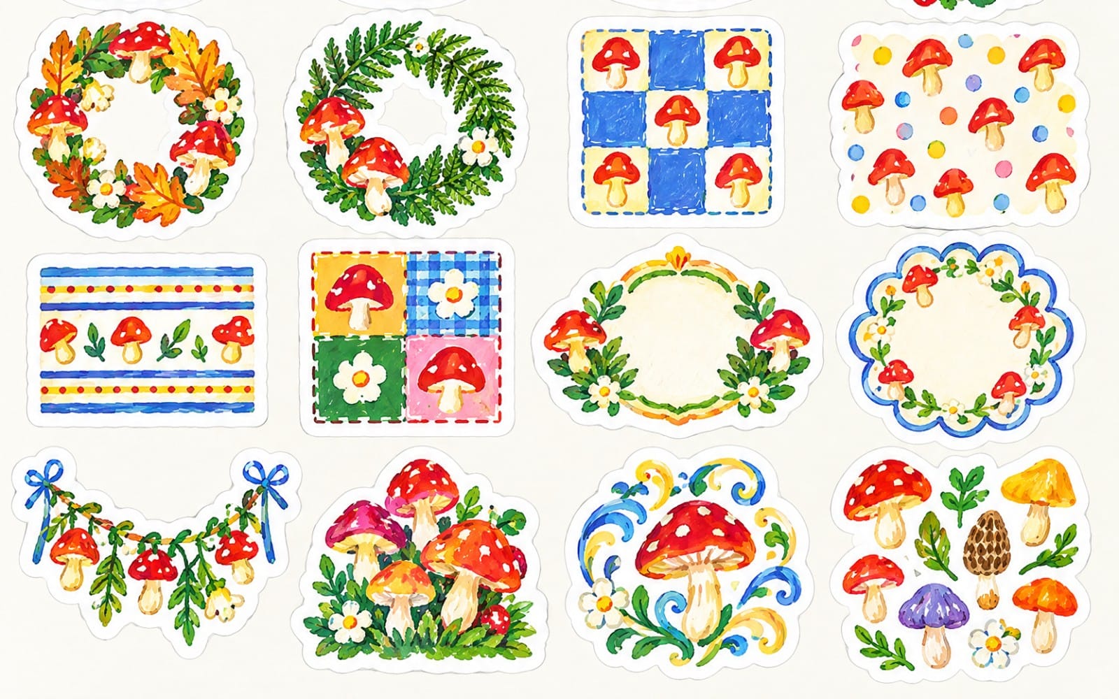 Colorful mushroom wreaths, flowers, and cluster digital sticker pack with white sticker outlines on light background