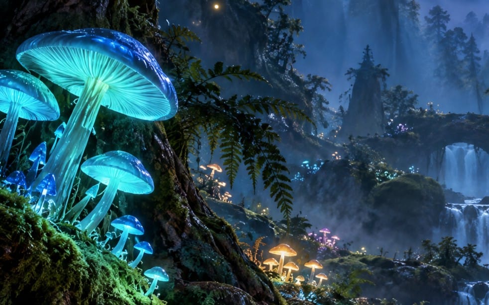 Magical night mushroom forest digital background with glowing blue fungi, misty trees, and tiny lantern lights