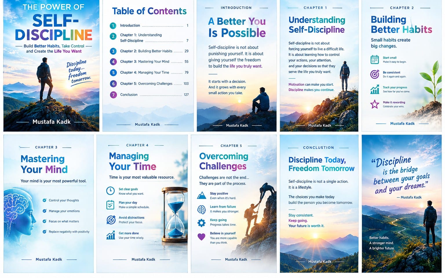 Motivational self-discipline ebook cover collage with mountain hikers and chapter titles by Mustafa Kadk