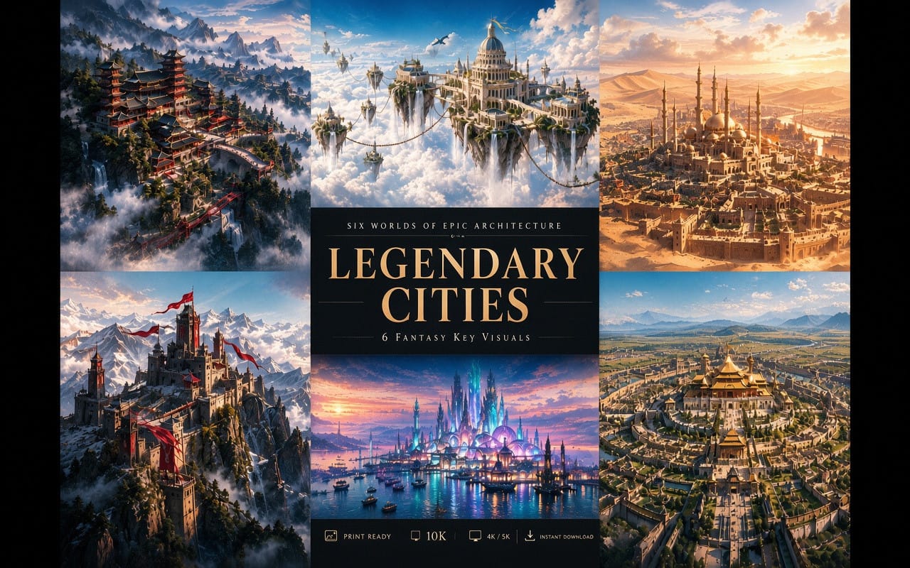 Collage of six epic fantasy cityscape key visual artworks for Legendary Cities digital wallpapers and prints