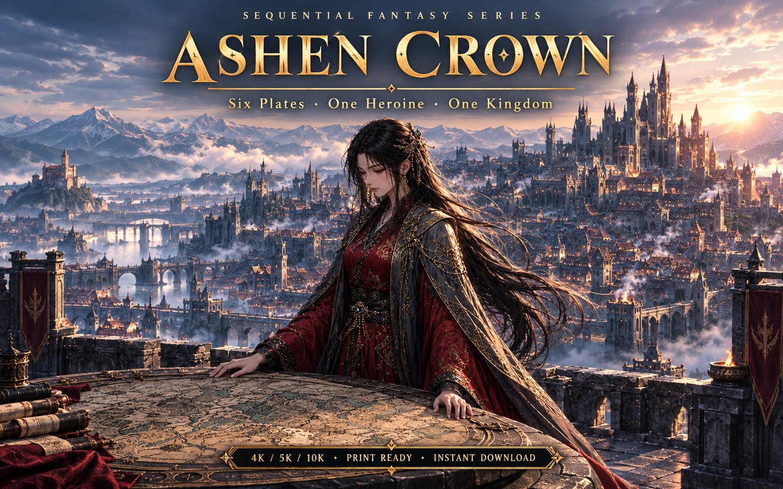 Fantasy digital art collection cover showing an ashen-haired heroine seated on a map table over a glowing castle