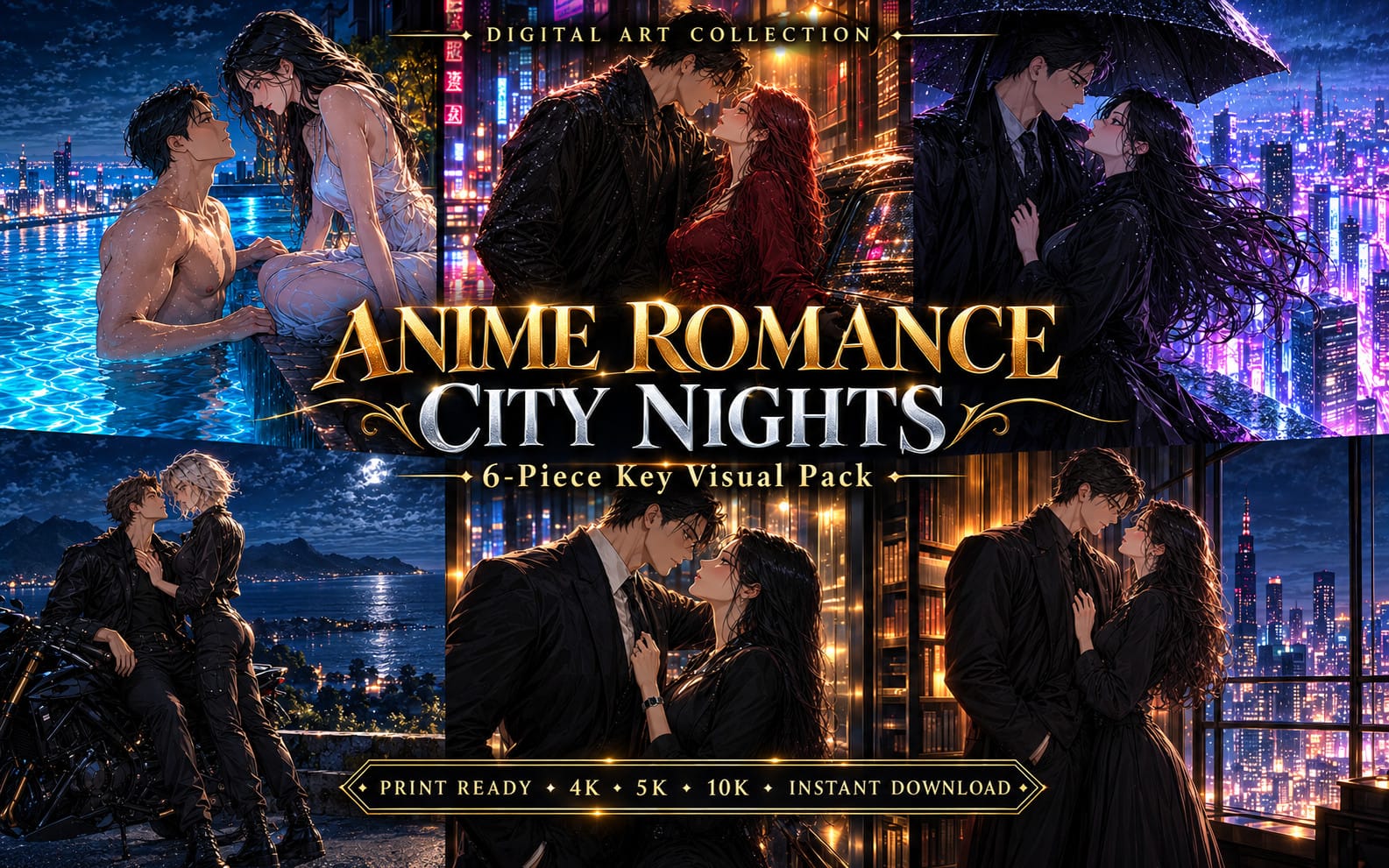 Collage of six anime romance couple scenes at neon city night, digital art key visual pack for instant download