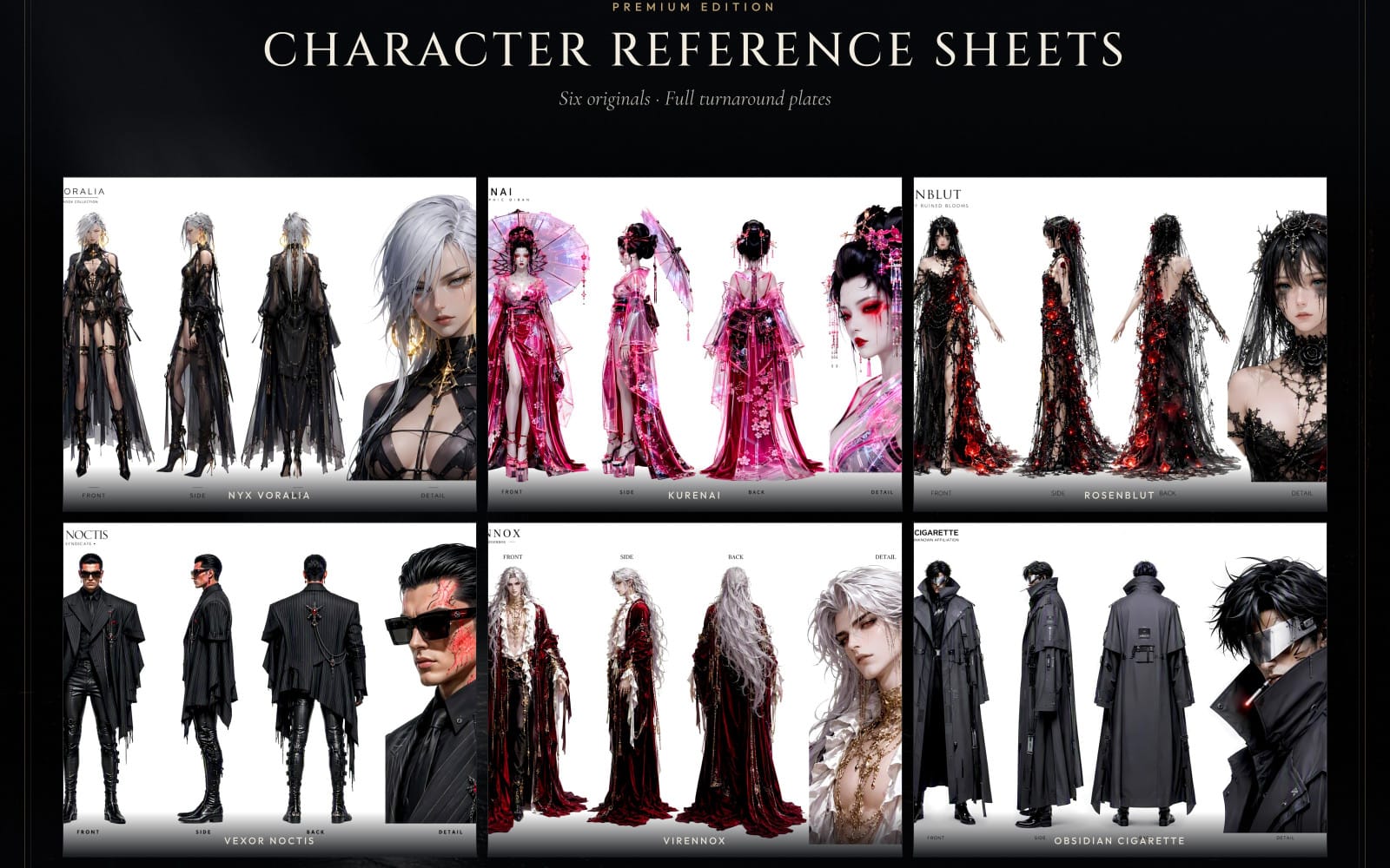 Premium anime character reference sheet pack showing multiple full-body fashion outfit turnarounds and details