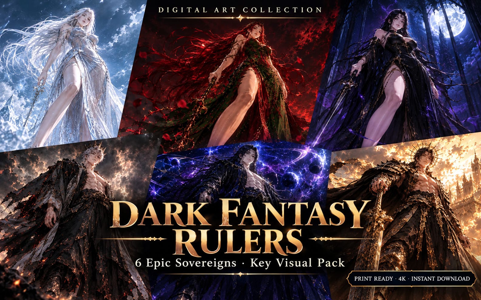 6-piece dark fantasy anime art collection cover with armored sorceress heroes, moons, flames, and stormy skies