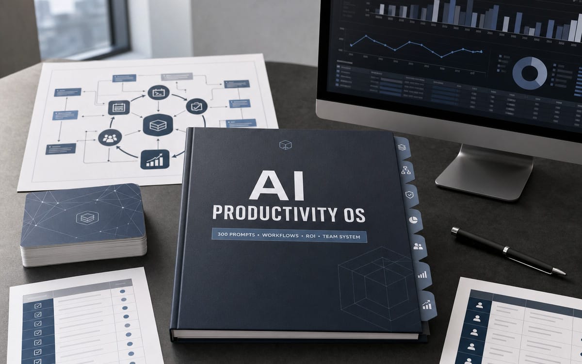 Desk mockup of AI Productivity OS book cover with workflow charts and screens for a digital prompt and ROI system