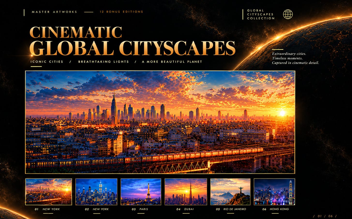 Cinematic global cityscape digital art banner with skyline sunset, plus six high-resolution city print thumbnails