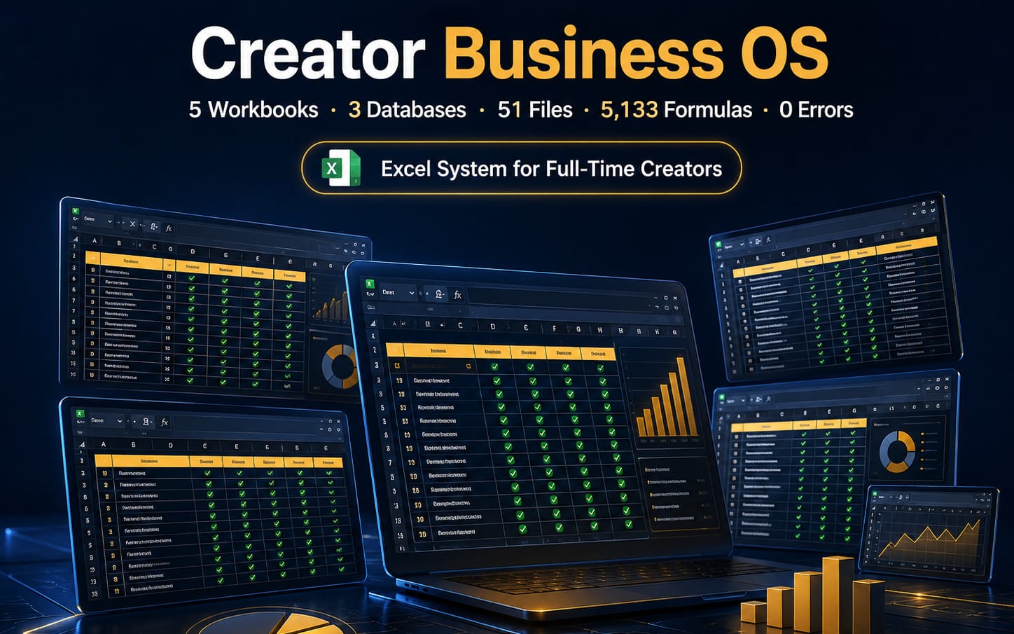 Multiple laptops display Excel creator business OS dashboards, spreadsheets, and charts on a dark tech background