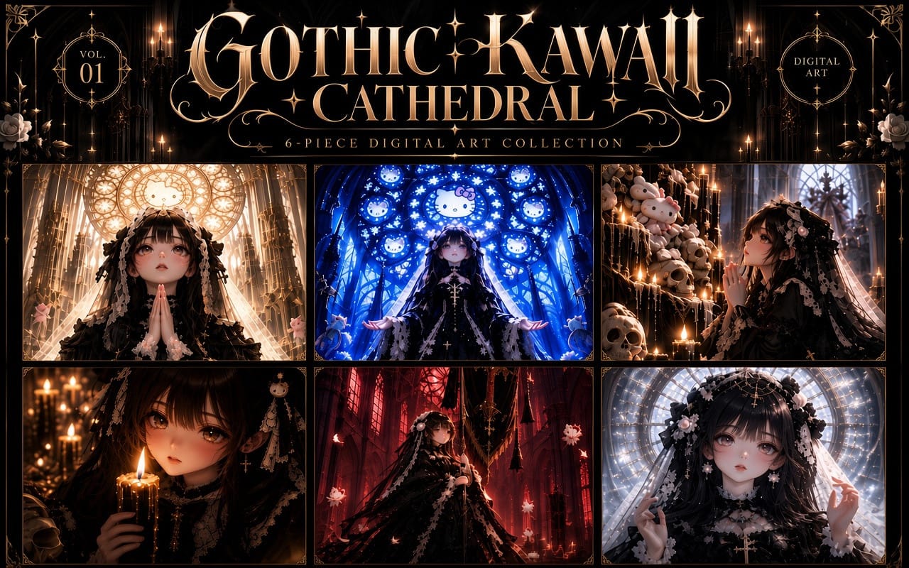 Gothic Kawaii Cathedral — 6-Piece Digital Art Collection | Gothic Lolita × Hello Kitty | Anime Cathedral Art | Printable Wall Art | Digital Download