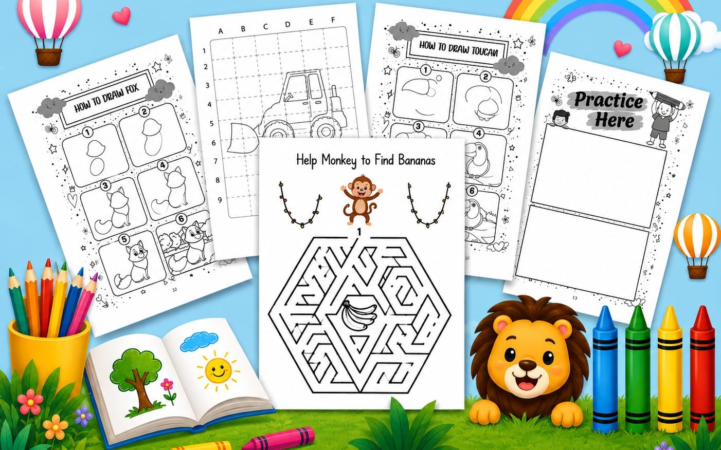How to draw cute animals for kids, 50 drawing worksheets.