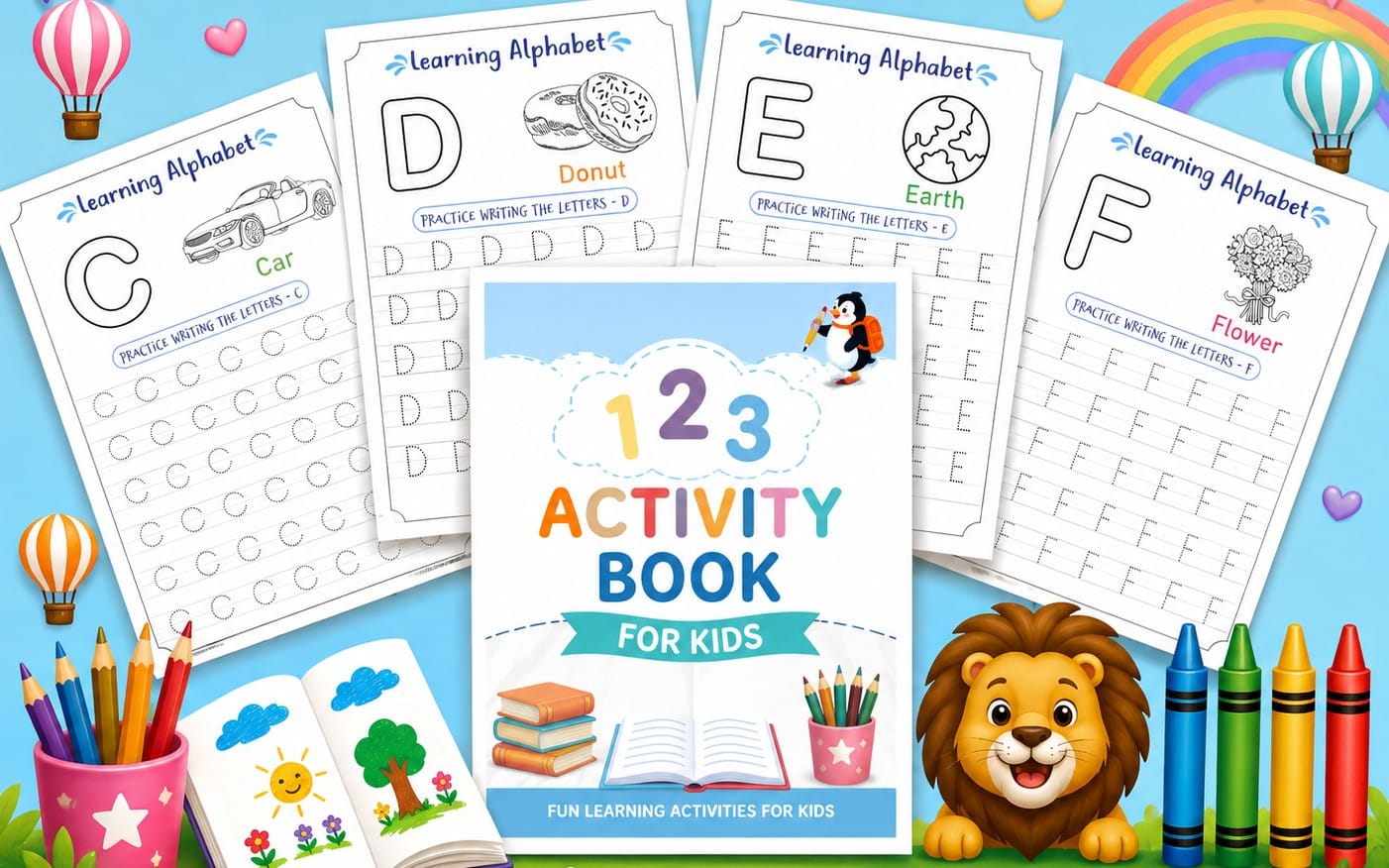 Cursive Handwriting Practice Worksheets, Tracing Lines, Shapes, and Alphabets.
