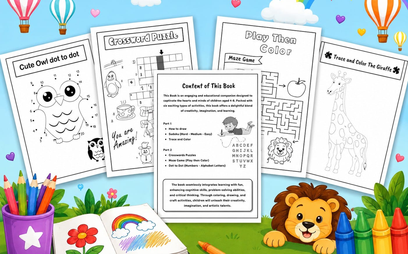 Kindergarten Activities, Trace and color, Dot to Dot, Crosswords, mazes, sudoku.