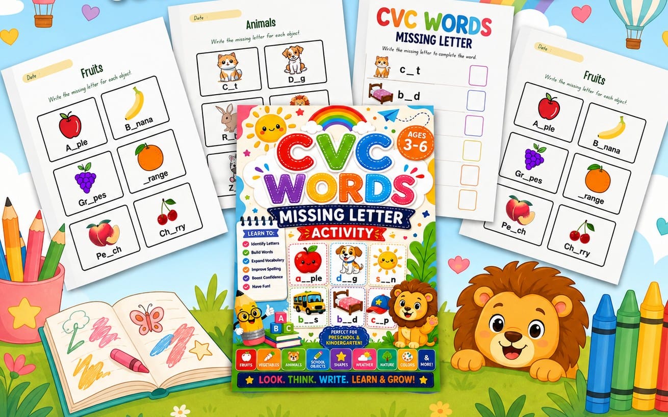 CVC words worksheets, Missing letters activities.