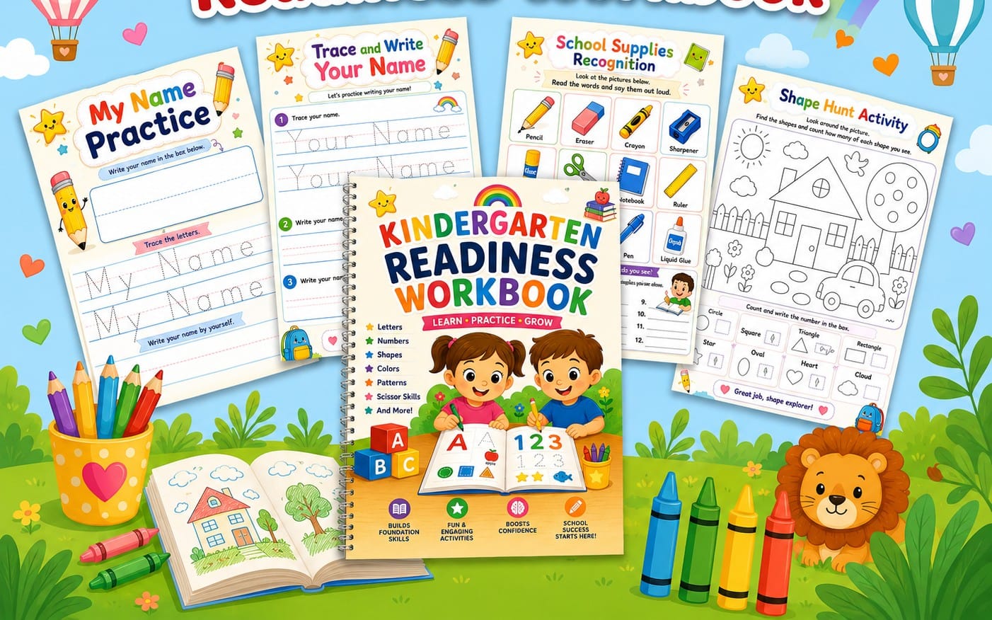 Back to School Kindergarten Readiness Workbook | Tracing, Counting, Shapes.