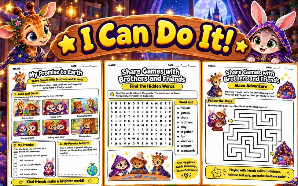 Preschool friendship and sharing SEL worksheets with colorful cartoon characters and activity pages for ages 3–6