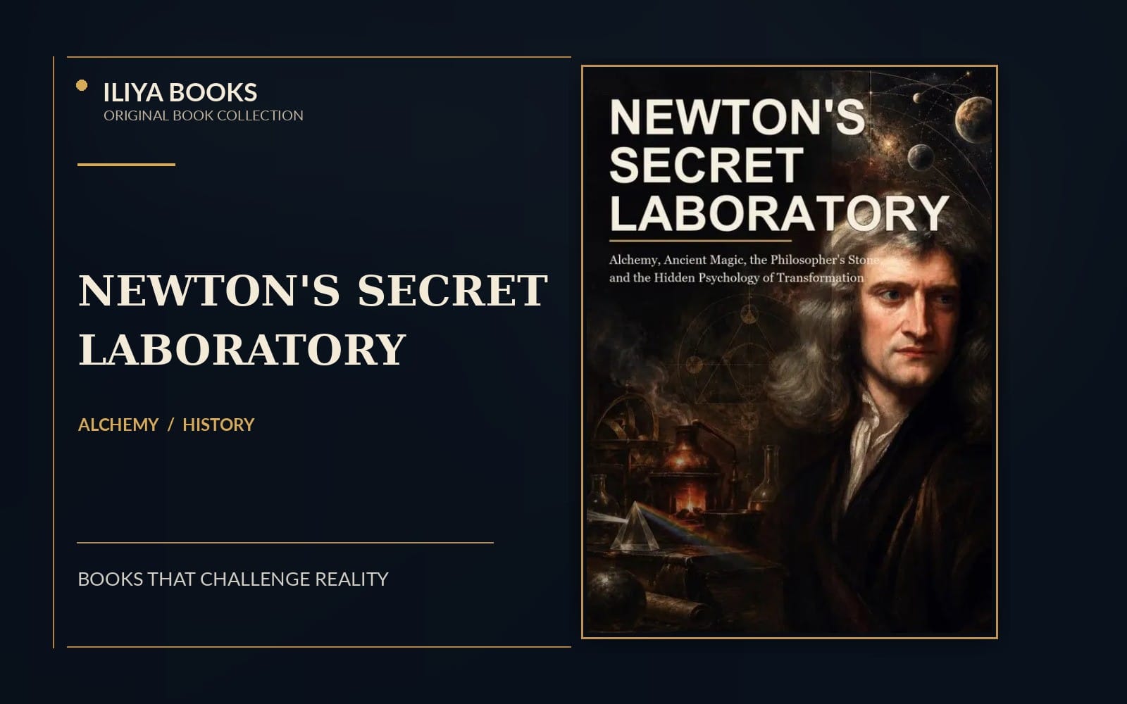 Newton's Secret Laboratory book cover with title text and a portrait of Isaac Newton in a mystical alchemy lab
