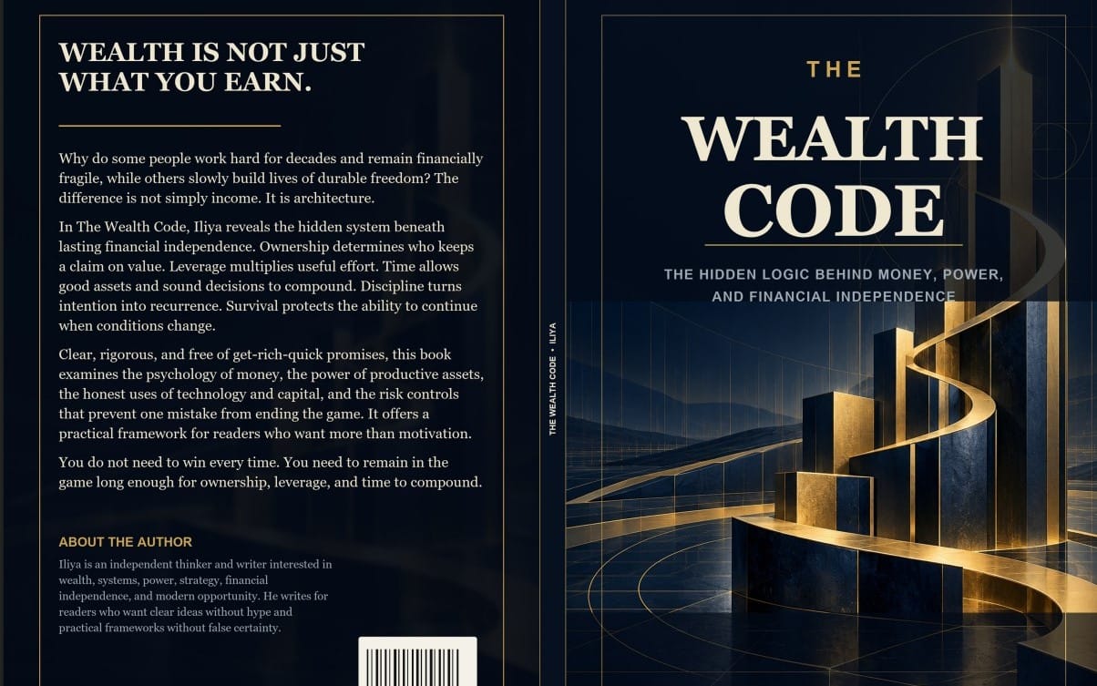 Two-page book cover design for The Wealth Code with gold title text and financial chart graphics