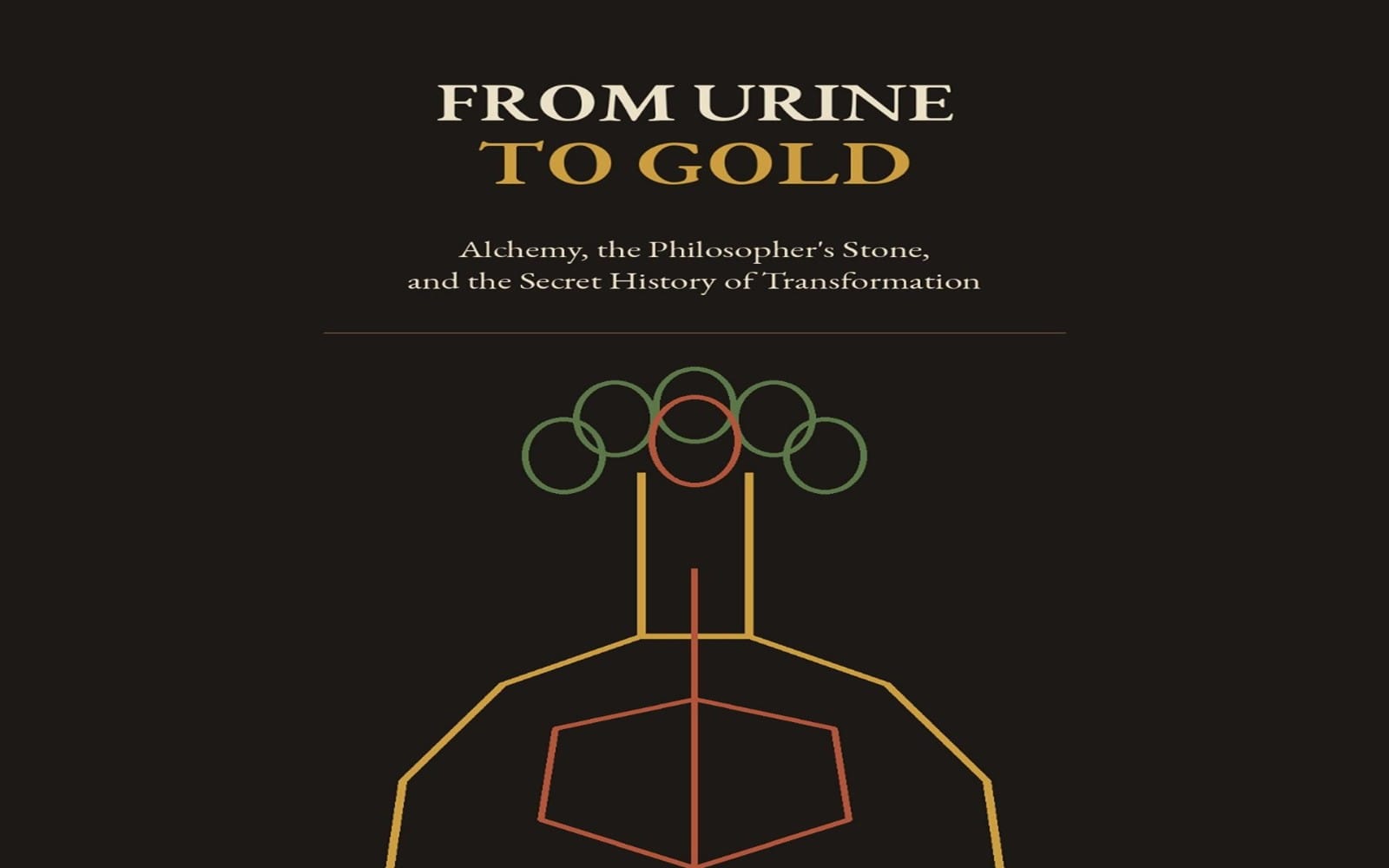 Dark book cover titled From Urine to Gold with alchemy and transformation graphic design