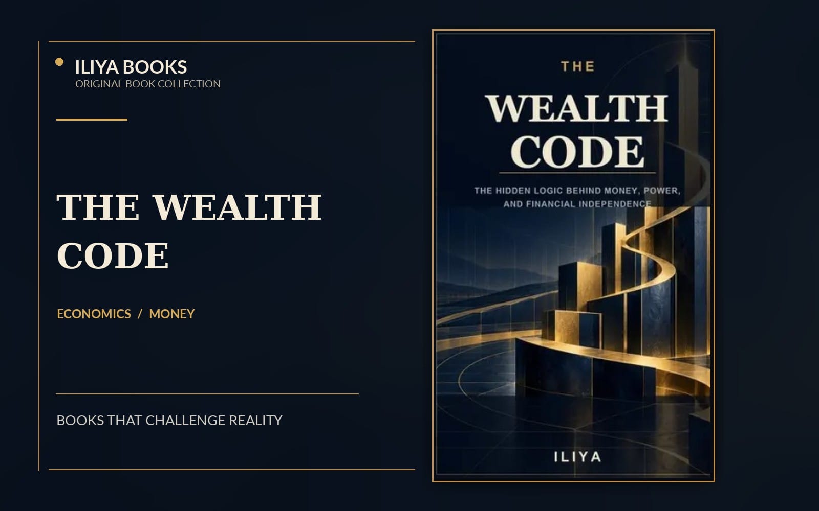 The Wealth Code book cover with gold architectural lines and title text on a dark blue design