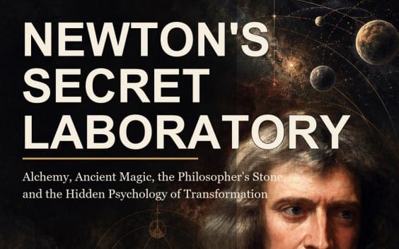 Cover art for Newton’s Secret Laboratory eBook featuring text, starry space, planets, and a portrait of Isaac Newton