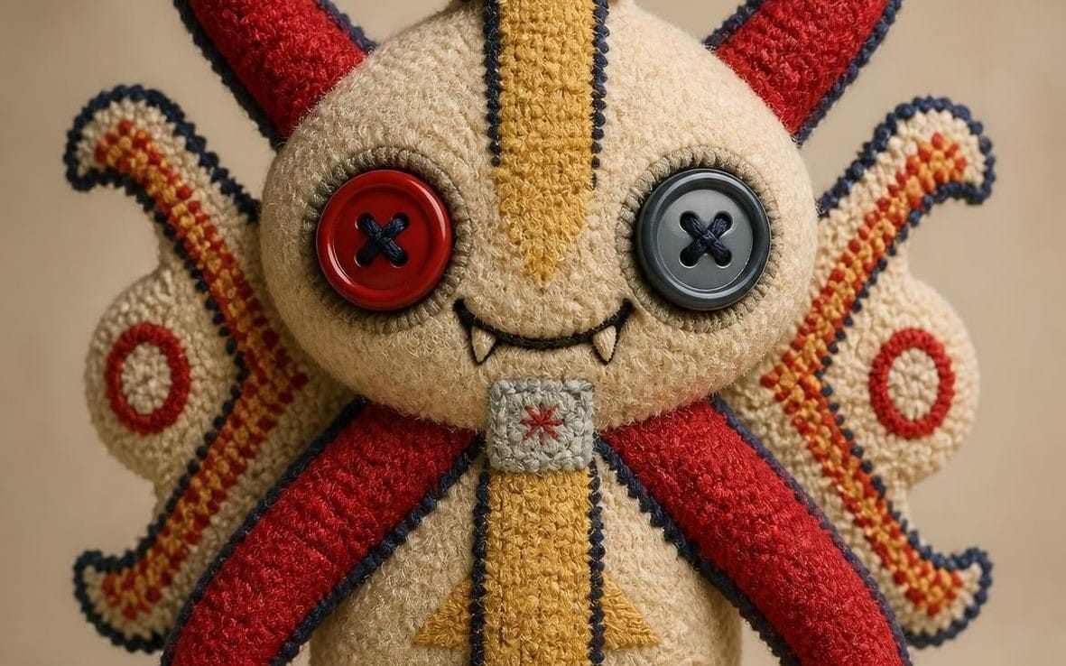 Stuffed Halloween teddy bear with striped scarf and button eyes close-up